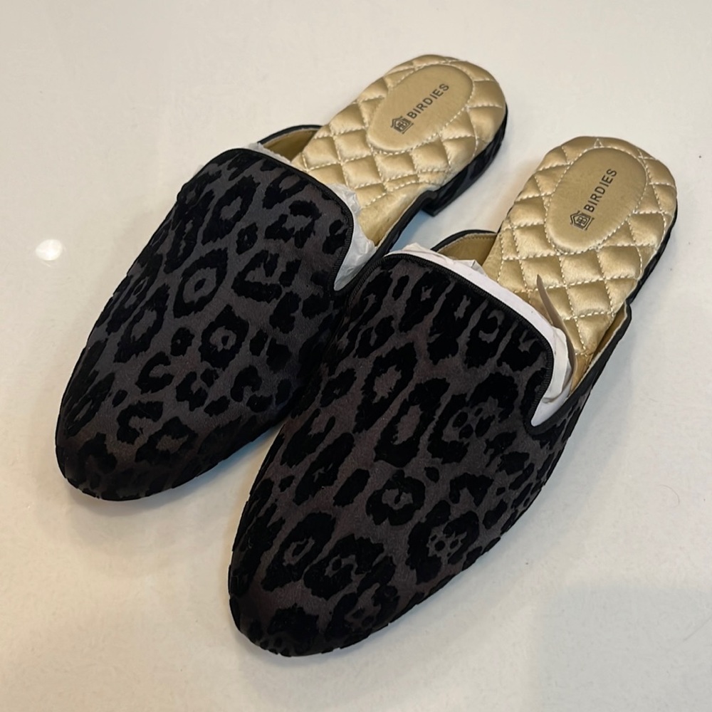 Black Birdies slides with velvet cheetah print. Size 8